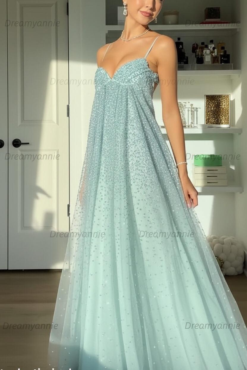 Bling A Line Spaghetti Straps Grey Blue Long Party Dress With Beading Formal Evening Gown