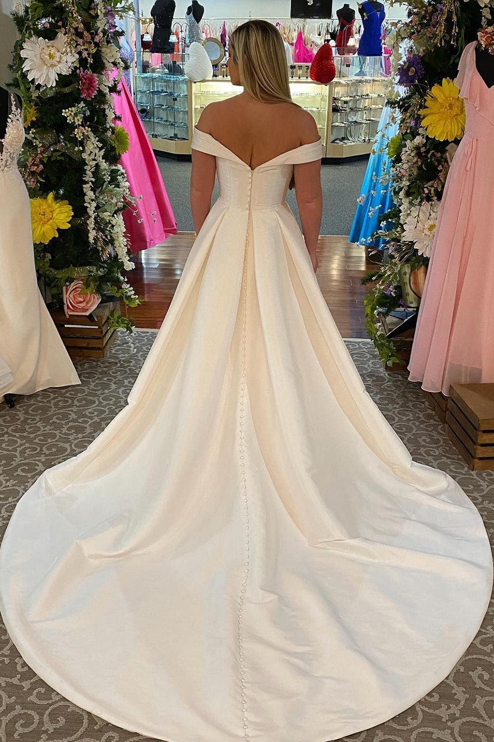 Modern Off-the-Shoulder White Corset Beach Wedding Dress with Pockets