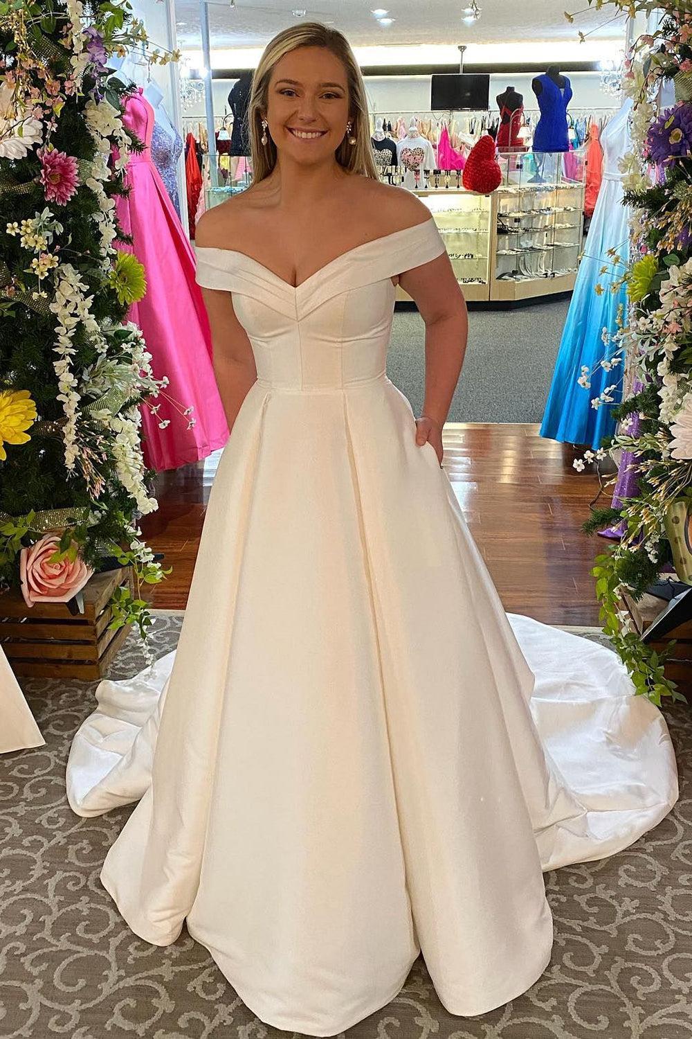 Modern Off-the-Shoulder White Corset Beach Wedding Dress with Pockets