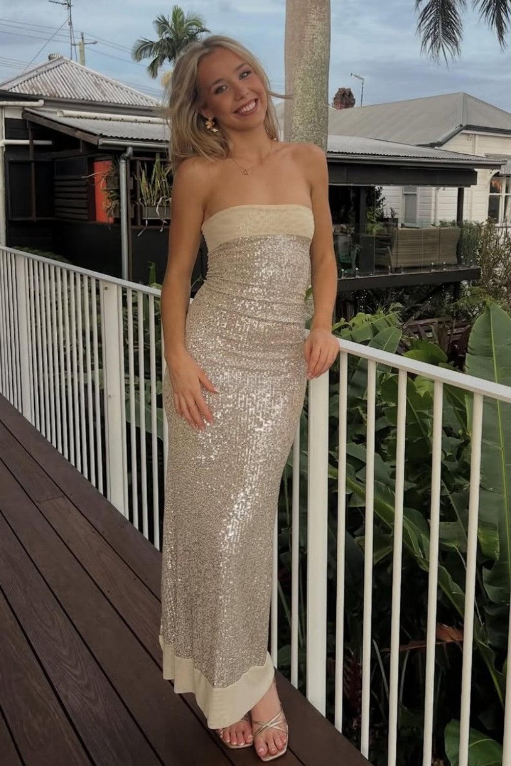 Modern Sequin Strapless Prom Gown With Minimalist Design And Glamorous Finish Formal Evening Gown