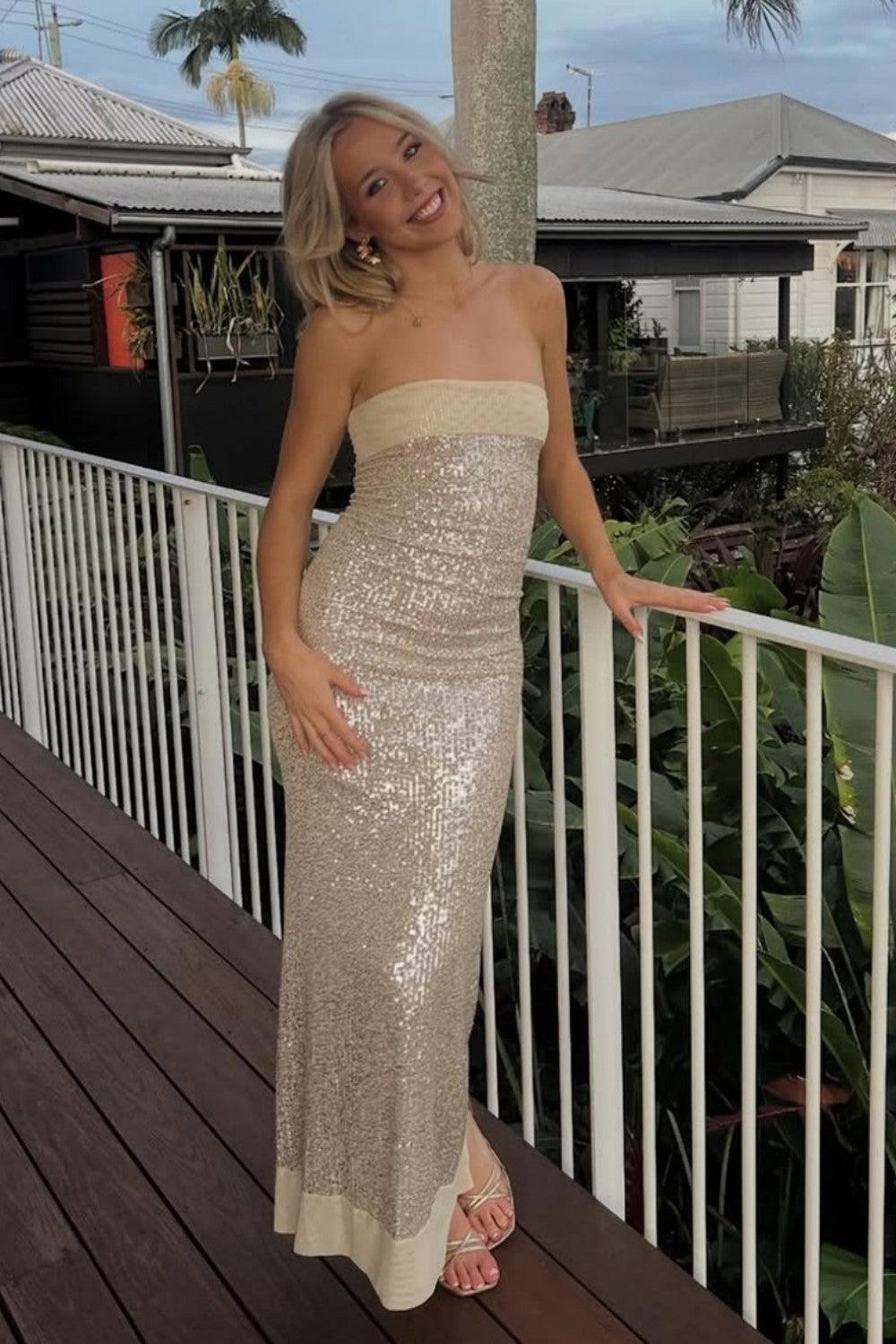 Modern Sequin Strapless Prom Gown With Minimalist Design And Glamorous Finish Formal Evening Gown