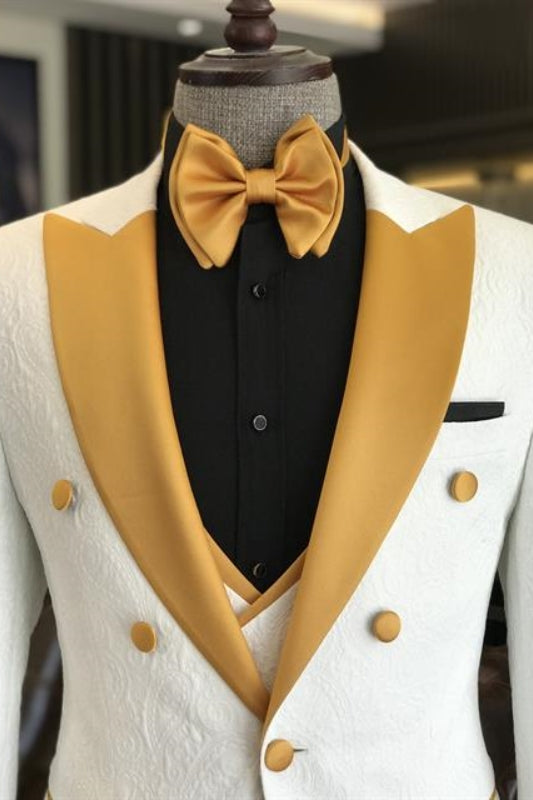 Modern White 3 Piece Jacquard Wedding Suit with Yellow Peaked Lapel