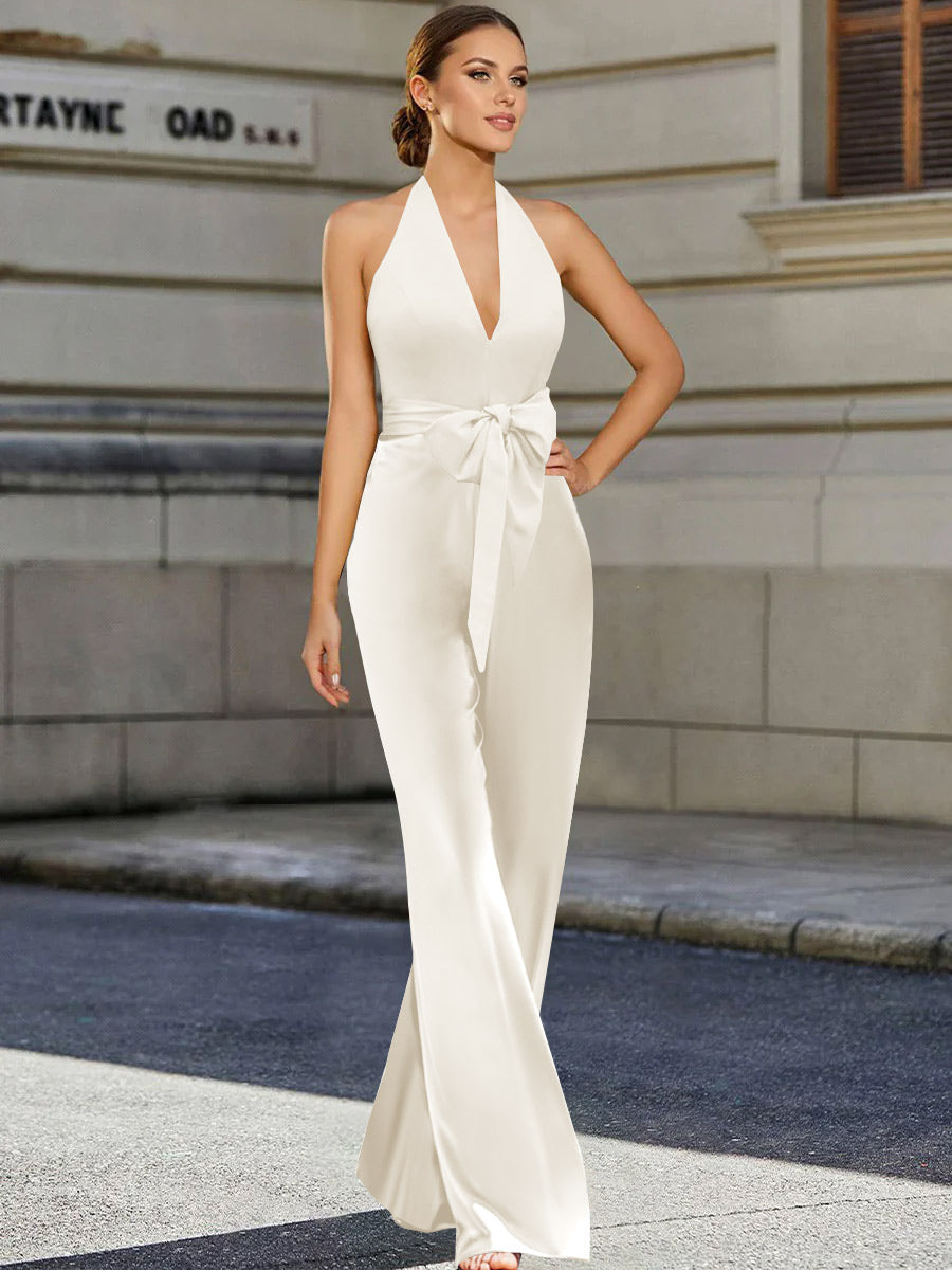 Mother of the Bride 2-Piece V-Neck Sleeveless Pantsuit with Bow Belt Floor Length