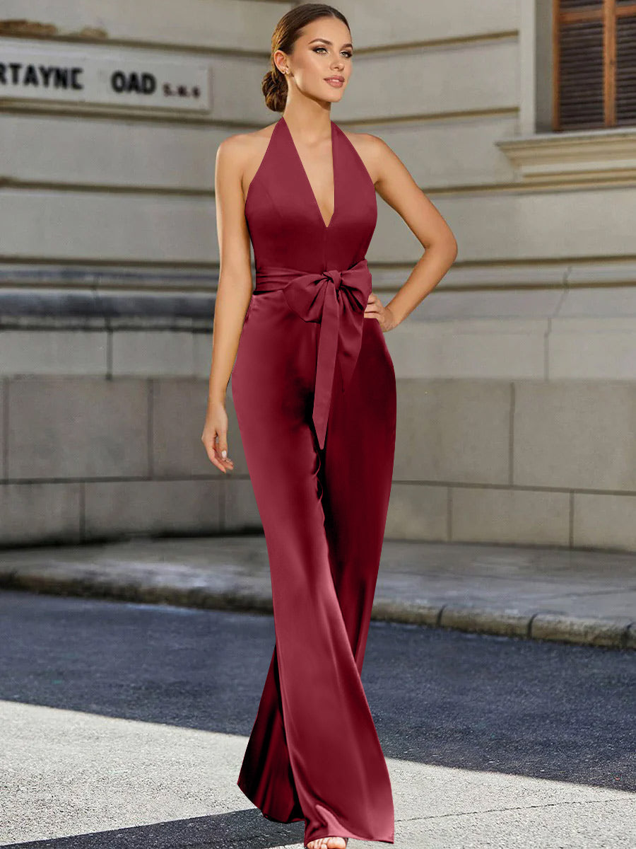 Mother of the Bride 2-Piece V-Neck Sleeveless Pantsuit with Bow Belt Floor Length