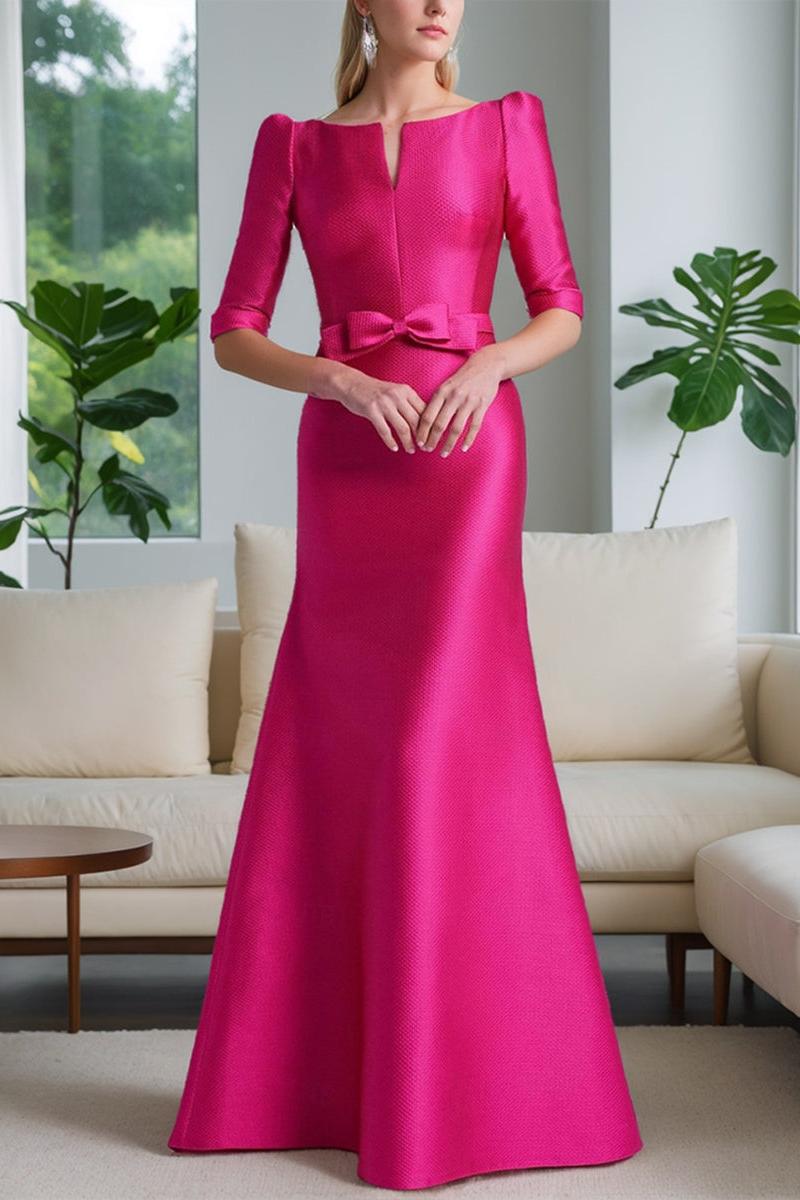 Mother of the Bride A-Line Princess Dress with Scoop Neck Half Sleeves and Bow Belt