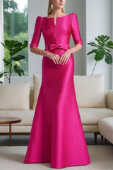 Mother of the Bride A-Line Princess Dress with Scoop Neck Half Sleeves and Bow Belt
