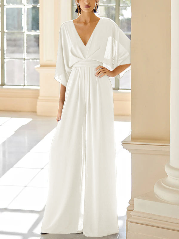 Mother of the Bride V-Neck Chiffon Pantsuit Featuring Pockets