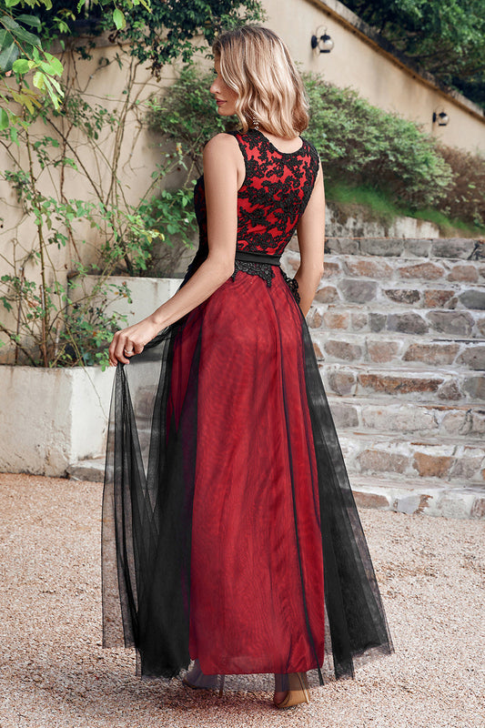 Black Red Crew Neck Lace Tulle Sleeveless Prom Dress