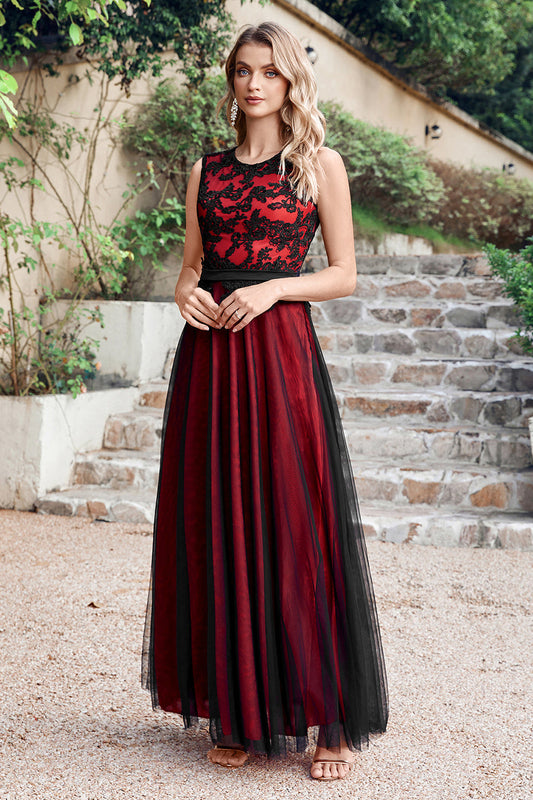 Black Red Crew Neck Lace Tulle Sleeveless Prom Dress