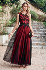 Black Red Crew Neck Lace Tulle Sleeveless Prom Dress