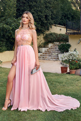 Pink Bridesmaid Dress Halter Chiffon Lace Sleeveless Prom Dress