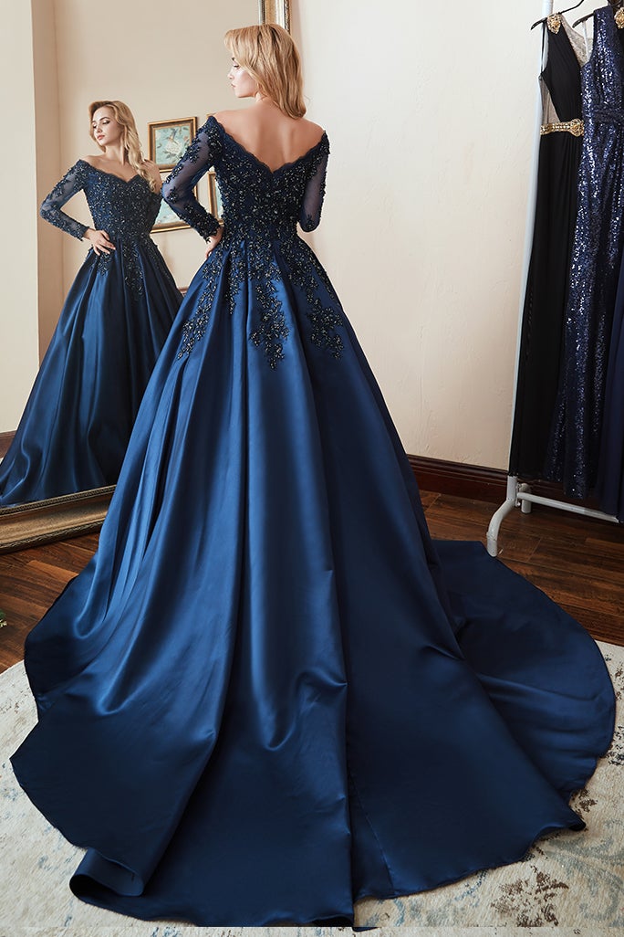 Navy A Line Prom Dress Long Sleeve Off the Shoulder Evening Dress With Lace Appliques