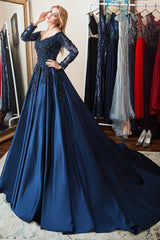 Navy A Line Prom Dress Long Sleeve Off the Shoulder Evening Dress With Lace Appliques