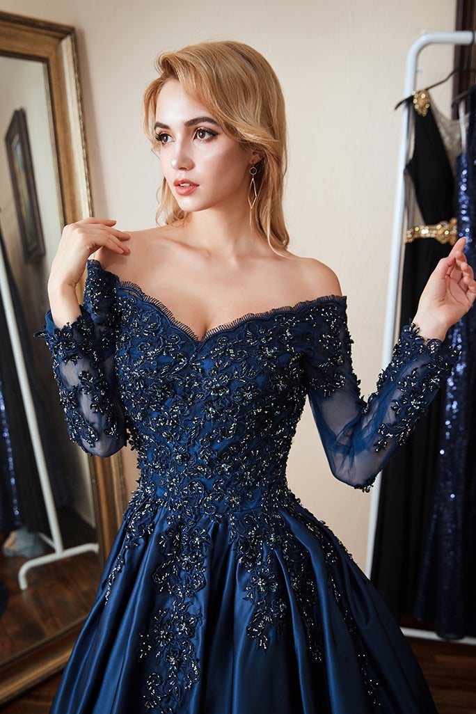 Navy A Line Prom Dress Long Sleeve Off the Shoulder Evening Dress With Lace Appliques