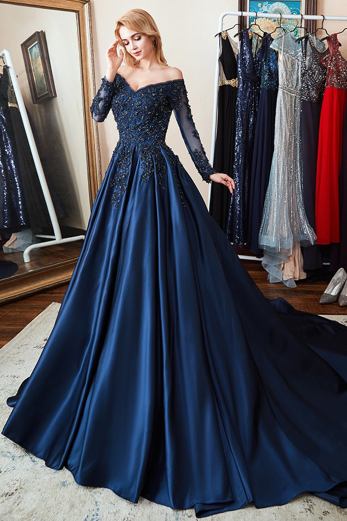 Navy A Line Prom Dress Long Sleeve Off the Shoulder Evening Dress With Lace Appliques