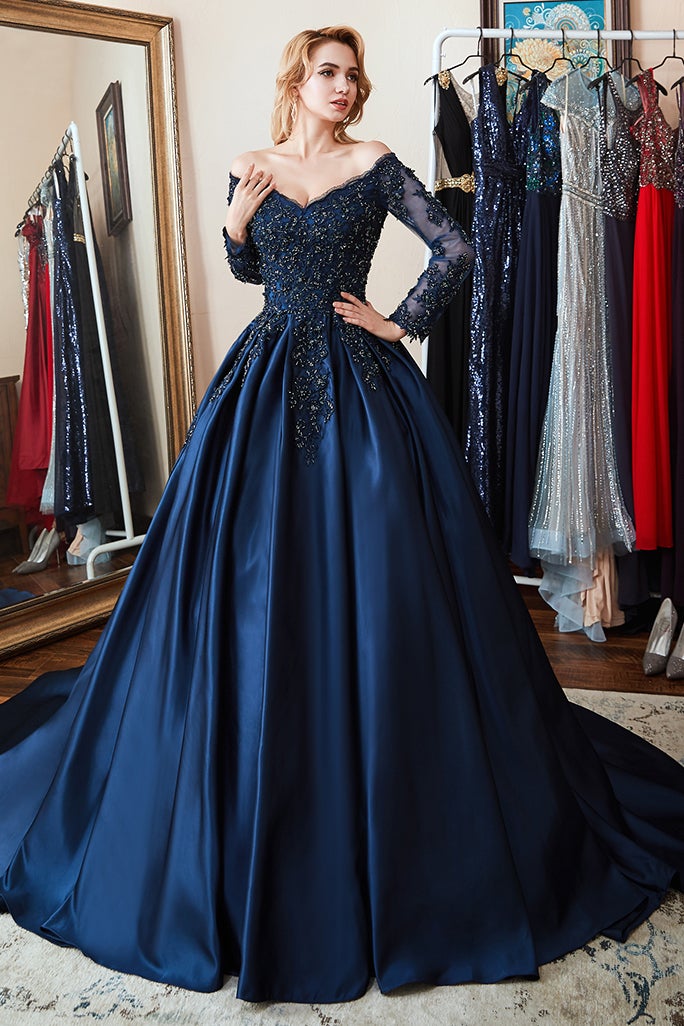 Navy A Line Prom Dress Long Sleeve Off the Shoulder Evening Dress With Lace Appliques
