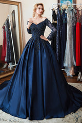 Navy A Line Prom Dress Long Sleeve Off the Shoulder Evening Dress With Lace Appliques