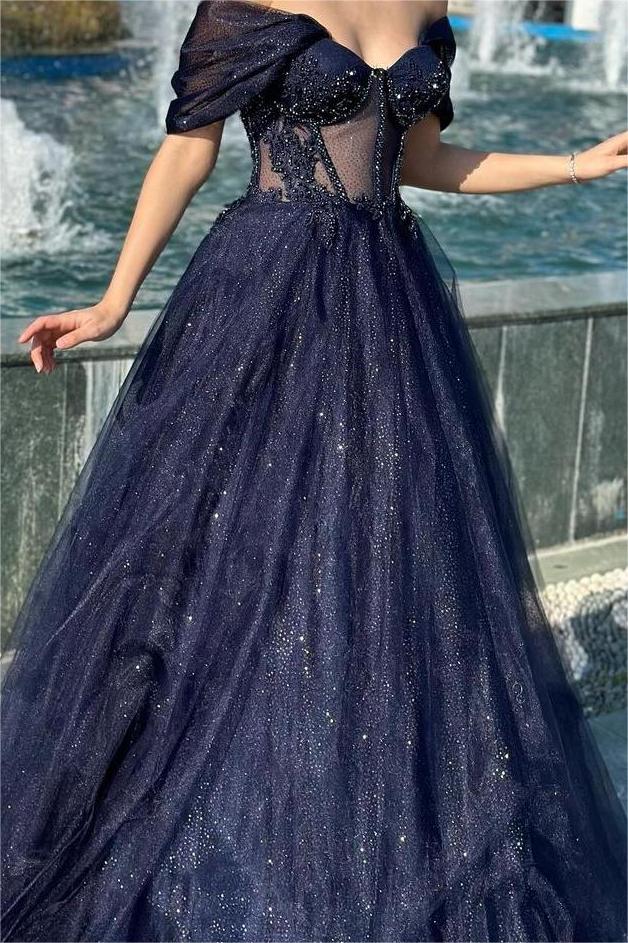 Navy A Line Prom Dress Off the Shoulder Sequined Evening Dress