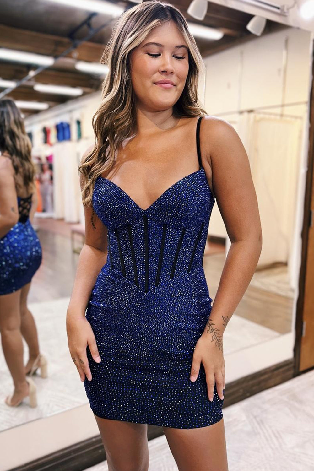 Navy Beaded Graduation Dress Corset Spaghetti Straps Cocktail Dress