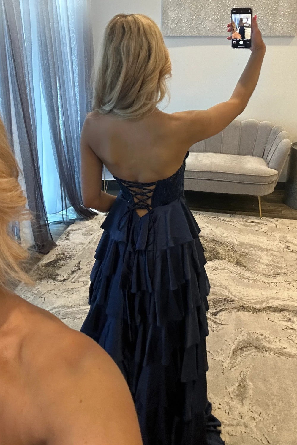 Navy Blue A-Line Sweetheart Corset Prom Dress With Tiered Skirt Formal Evening Gown