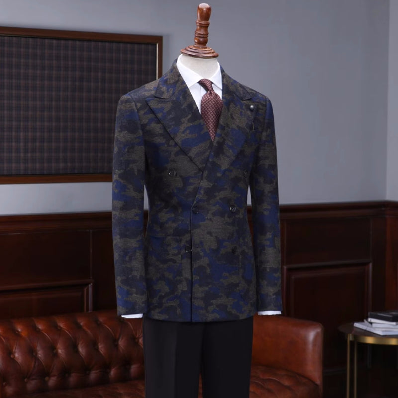 Navy Blue Double Breasted Jacquard Prom Suit