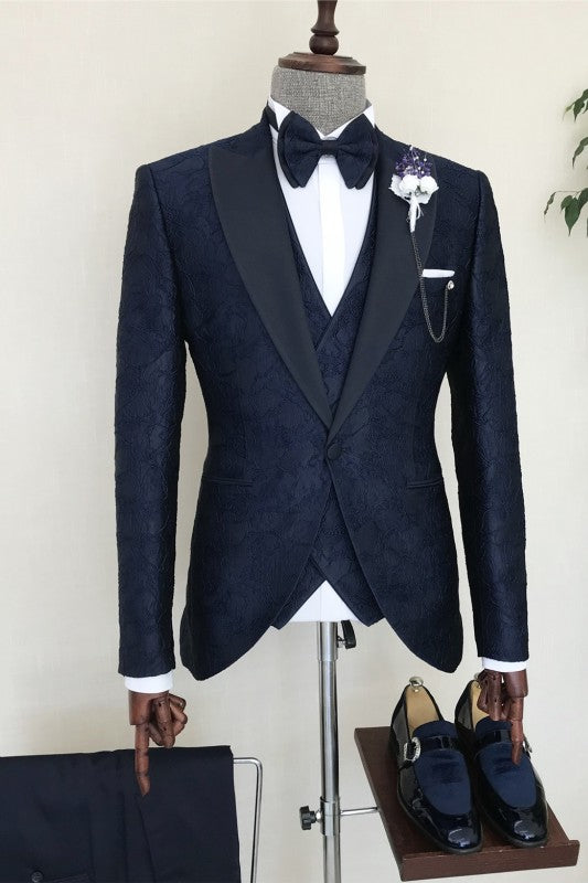 Navy Blue Jacquard Three Piece Peaked Lapel Prom Suit