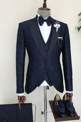 Navy Blue Jacquard Three Piece Peaked Lapel Prom Suit