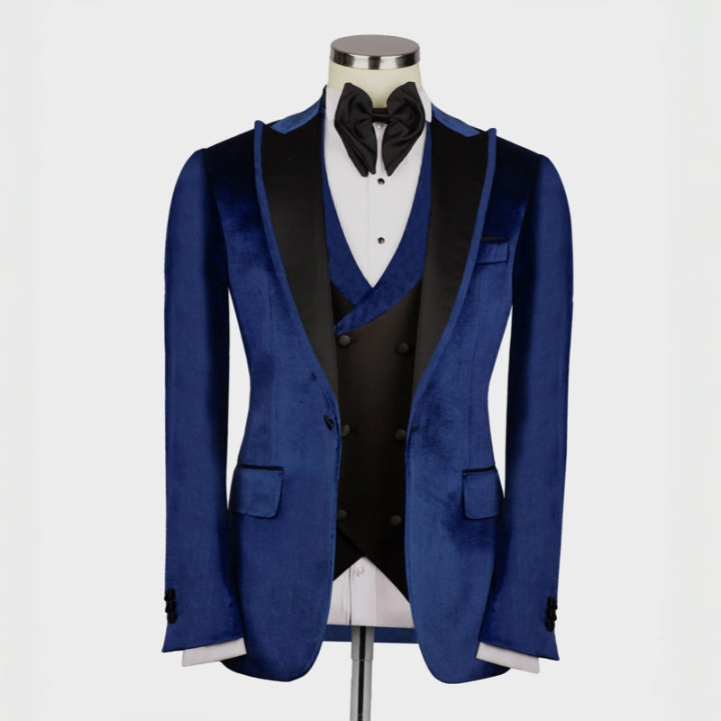 Navy Blue Three Piece Velvet Peaked Lapel Prom Suit