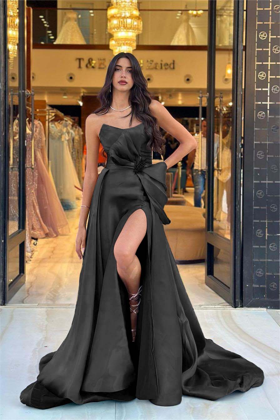 Navy Detachable Train Prom Dress Sleeveless Strapless Satin Evening Dress