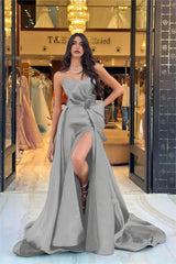 Navy Detachable Train Prom Dress Sleeveless Strapless Satin Evening Dress