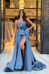 Navy Detachable Train Prom Dress Sleeveless Strapless Satin Evening Dress