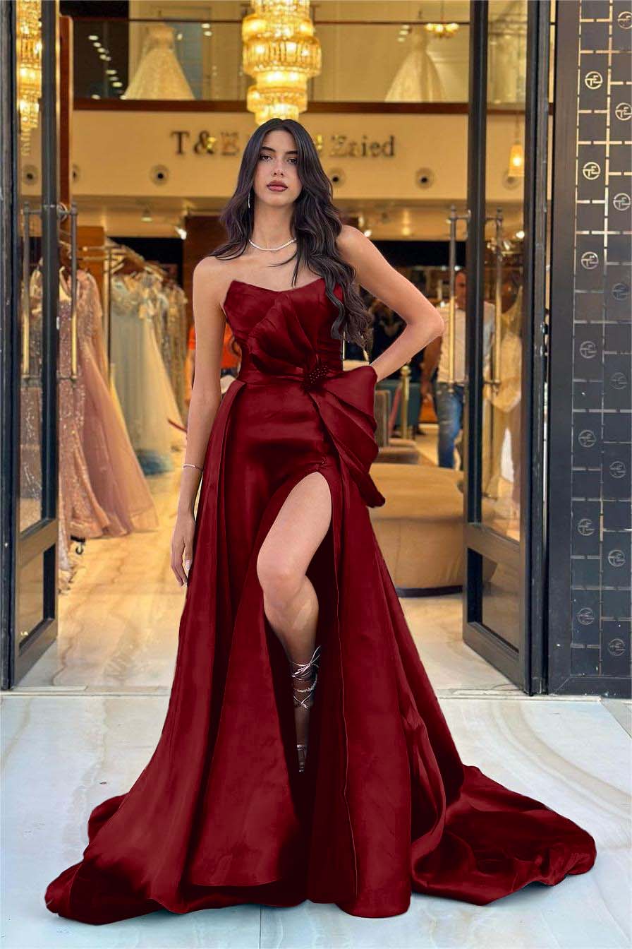 Navy Detachable Train Prom Dress Sleeveless Strapless Satin Evening Dress