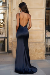 Navy Wedding Guest Dress Deep V Neck Satin Mermaid Long Evening Dress