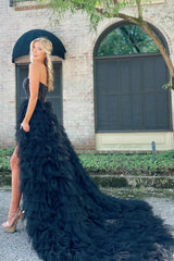 Navy Graduation Dress Beaded A Line Tiered High Low Cocktail Dress