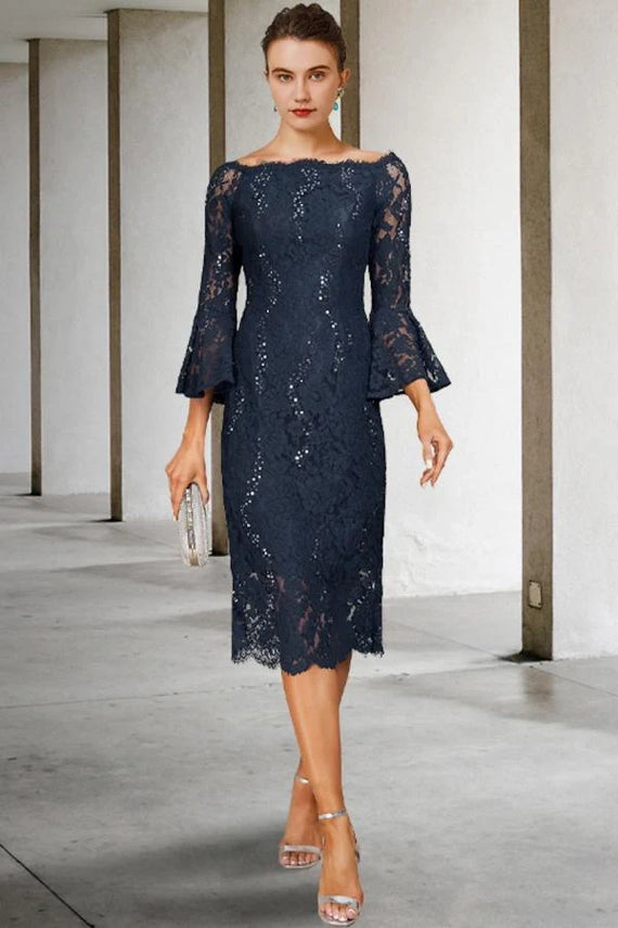 knee length dresses for ladies ZARIA / A Line Sparkling Navy Blue Wedding Dress with Deep Plunge Neck main image 0