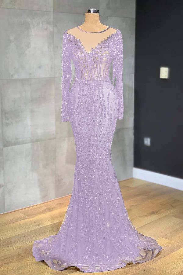 Navy Mermaid Prom Dress Long Sleeve Evening Dress With Lace Appliques