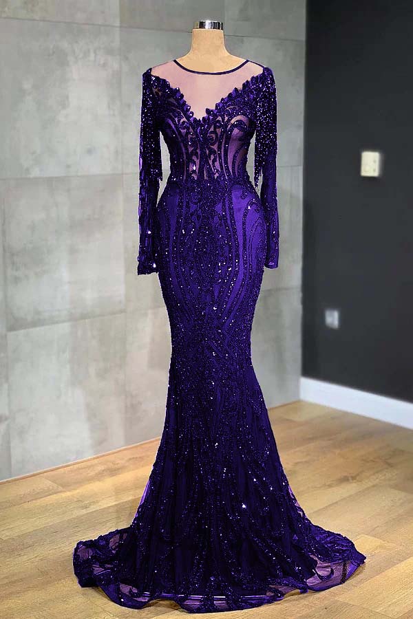 Navy Mermaid Prom Dress Long Sleeve Evening Dress With Lace Appliques
