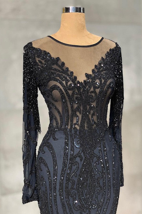Navy Mermaid Prom Dress Long Sleeve Evening Dress With Lace Appliques