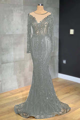 Navy Mermaid Prom Dress Long Sleeve Evening Dress With Lace Appliques