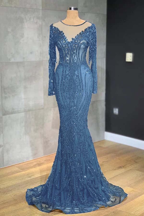 Navy Mermaid Prom Dress Long Sleeve Evening Dress With Lace Appliques