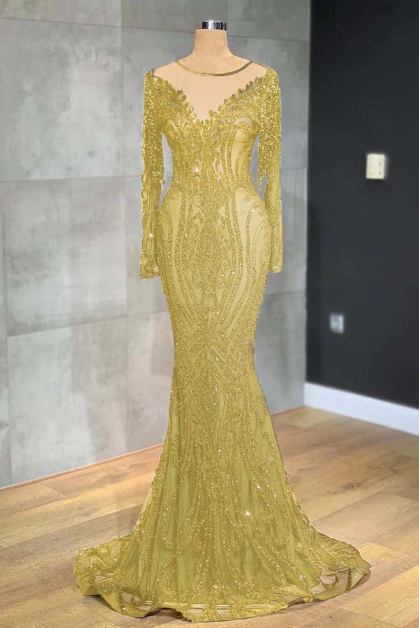 Navy Mermaid Prom Dress Long Sleeve Evening Dress With Lace Appliques