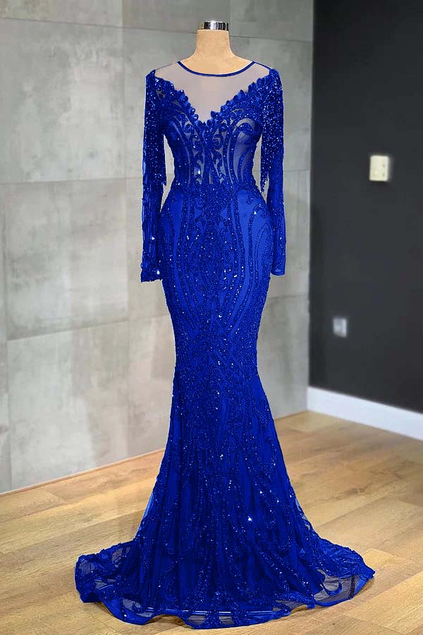 Navy Mermaid Prom Dress Long Sleeve Evening Dress With Lace Appliques