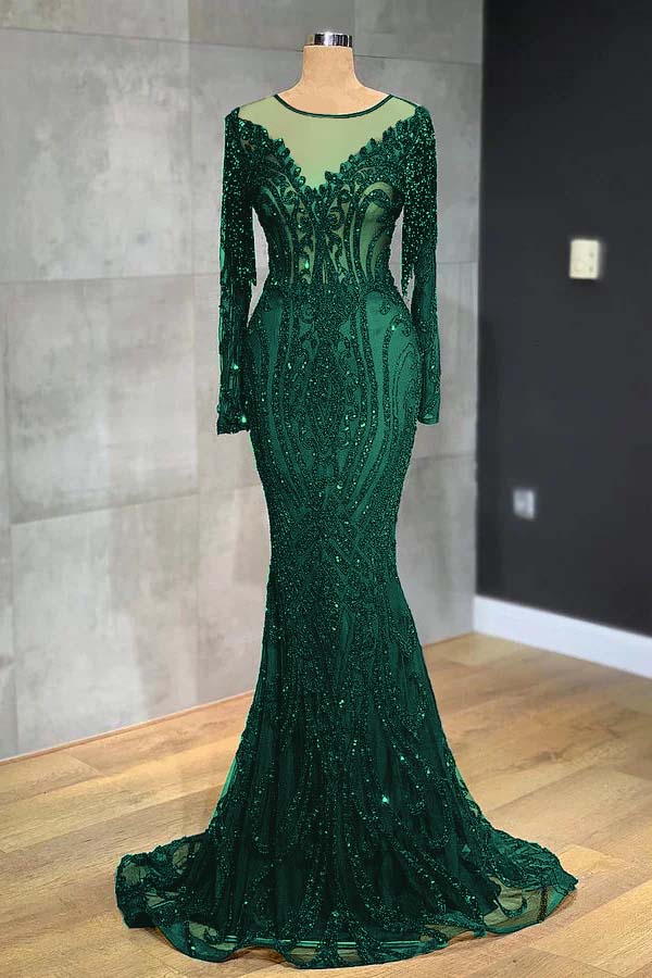 Navy Mermaid Prom Dress Long Sleeve Evening Dress With Lace Appliques
