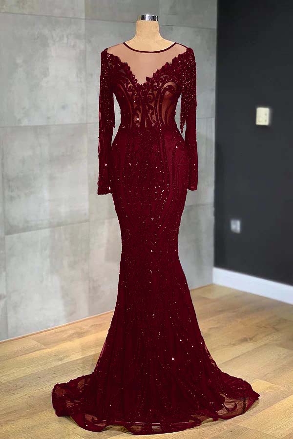 Navy Mermaid Prom Dress Long Sleeve Evening Dress With Lace Appliques