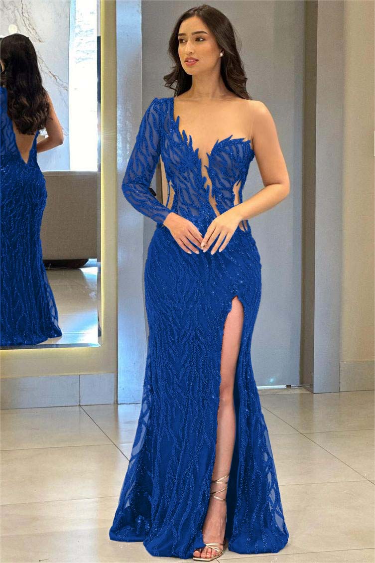 Navy Mermaid Prom Dress Long Sleeve One Shoulder Sequined Evening Dress