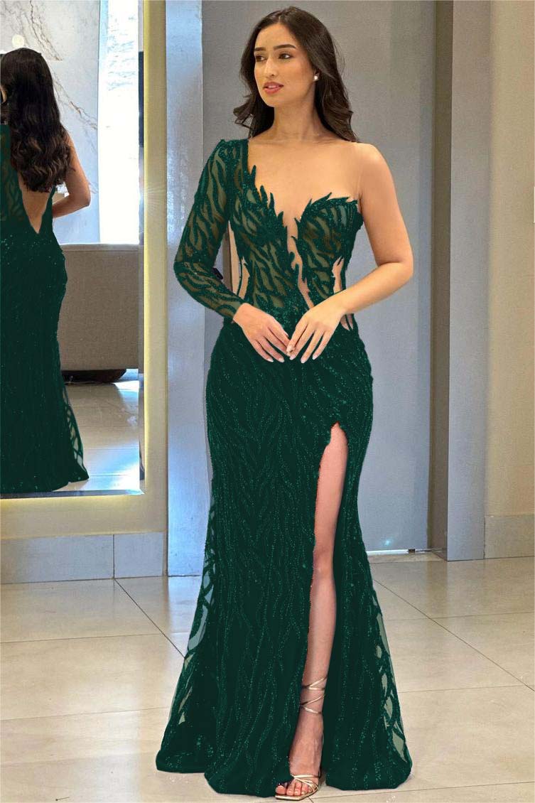 Navy Mermaid Prom Dress Long Sleeve One Shoulder Sequined Evening Dress