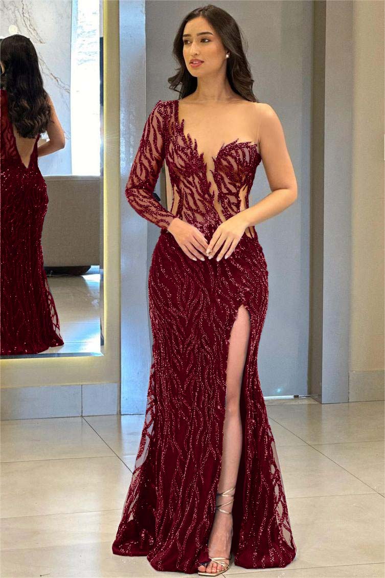 Navy Mermaid Prom Dress Long Sleeve One Shoulder Sequined Evening Dress