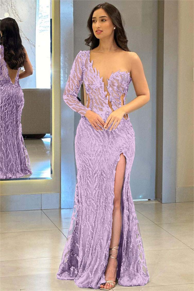 Navy Mermaid Prom Dress Long Sleeve One Shoulder Sequined Evening Dress