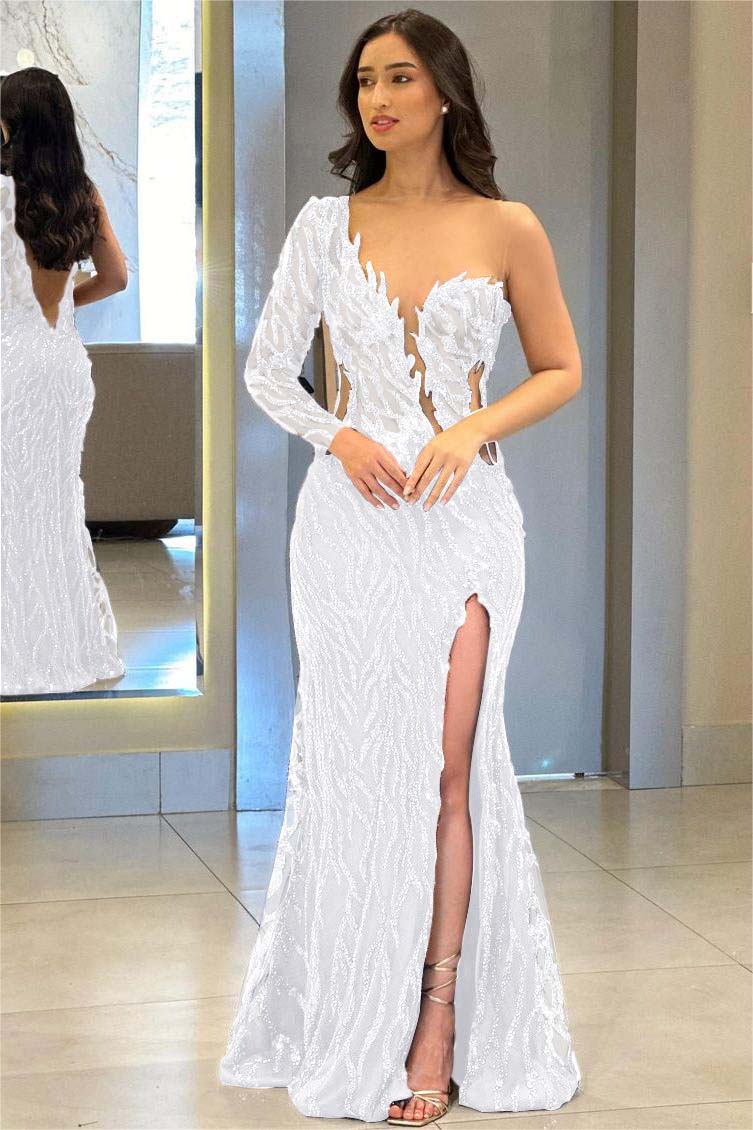 Navy Mermaid Prom Dress Long Sleeve One Shoulder Sequined Evening Dress