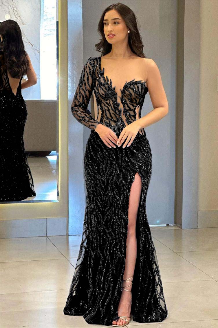 Navy Mermaid Prom Dress Long Sleeve One Shoulder Sequined Evening Dress